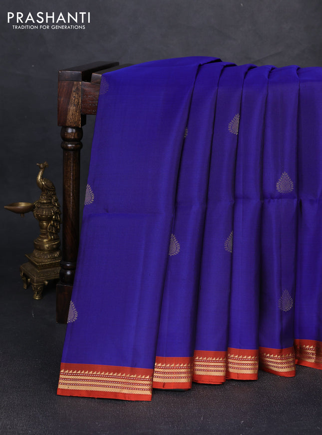 Pure soft silk saree blue and rustic orange with zari woven buttas and zari woven border