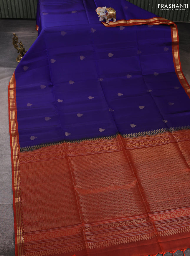 Pure soft silk saree blue and rustic orange with zari woven buttas and zari woven border