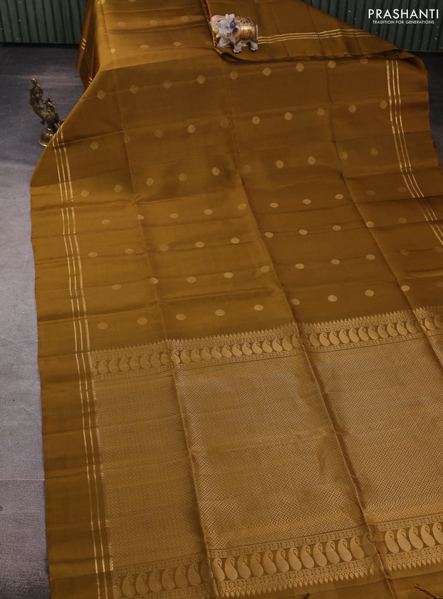 Pure soft silk saree dark mustard with allover rudhraksha zari woven buttas and zari woven simple border