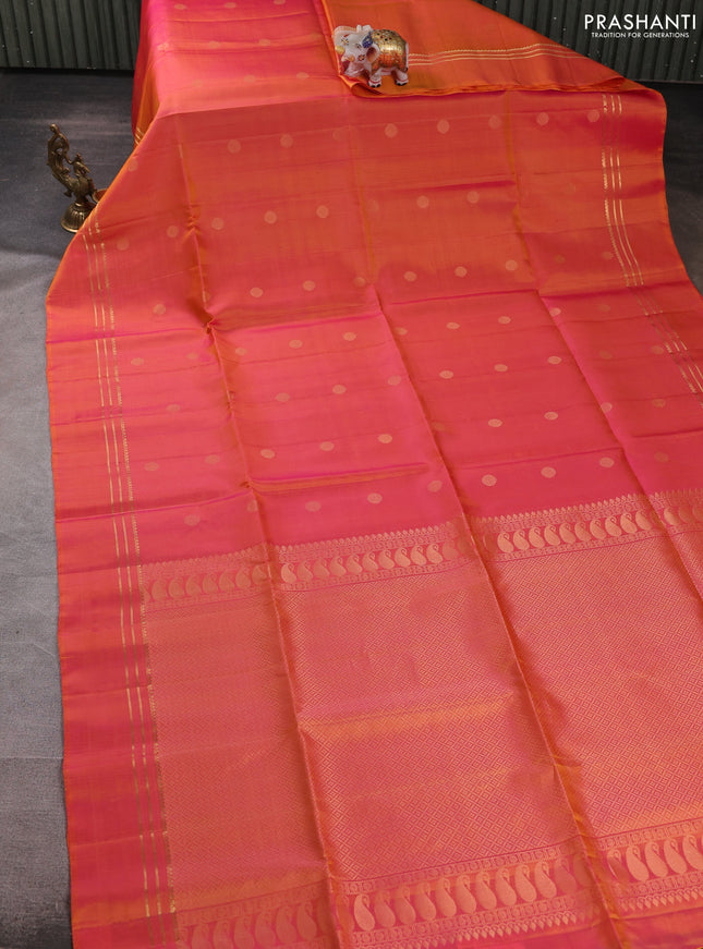 Pure soft silk saree dual shade of pinksh orange with allover rudhraksha zari woven buttas and zari woven simple border