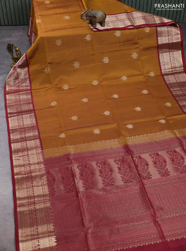 Pure soft silk saree dark mustard and marion with zari woven floral buttas and zari woven border