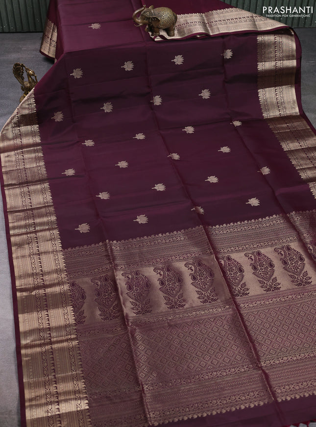 Pure soft silk saree wine shade with zari woven floral buttas and zari woven border