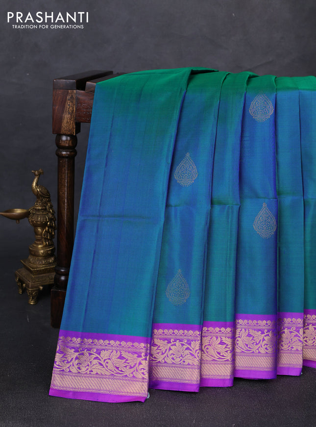 Pure soft silk saree dual shade of bluish green and purple with zari woven buttas and rich zari woven border