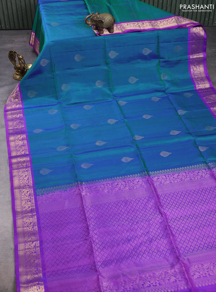 Pure soft silk saree dual shade of bluish green and purple with zari woven buttas and rich zari woven border