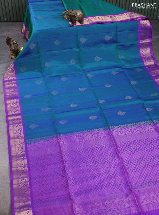 Pure soft silk saree dual shade of bluish green and purple with zari woven buttas and rich zari woven border