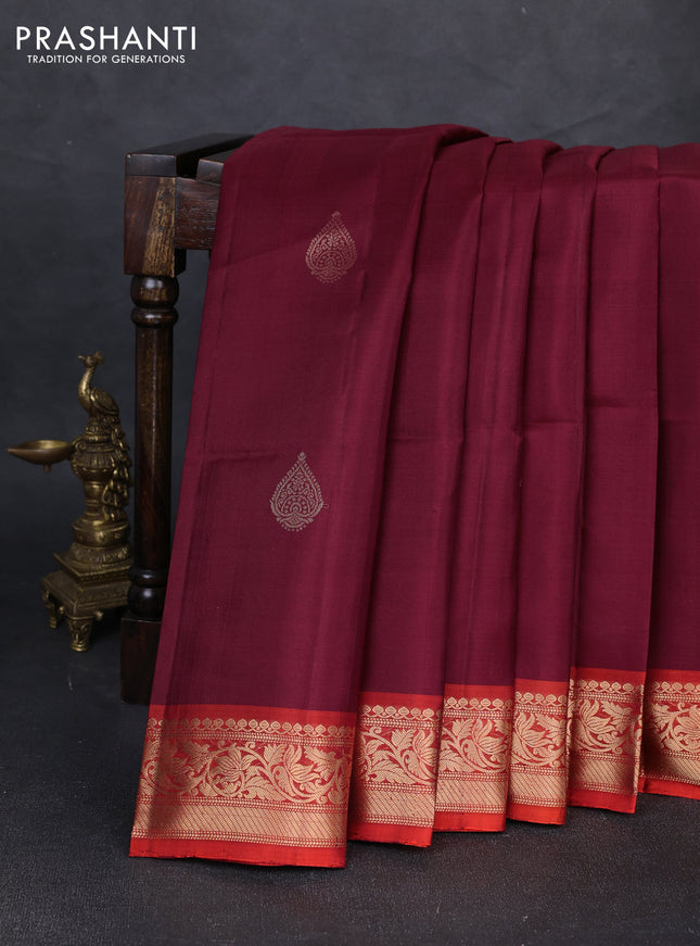 Pure soft silk saree maroon and rustic orange with zari woven buttas and rich zari woven border
