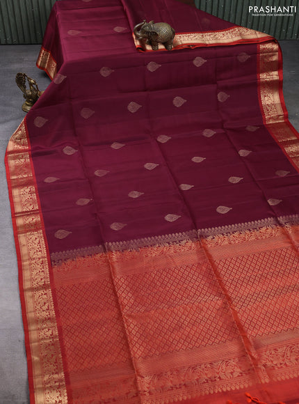 Pure soft silk saree maroon and rustic orange with zari woven buttas and rich zari woven border