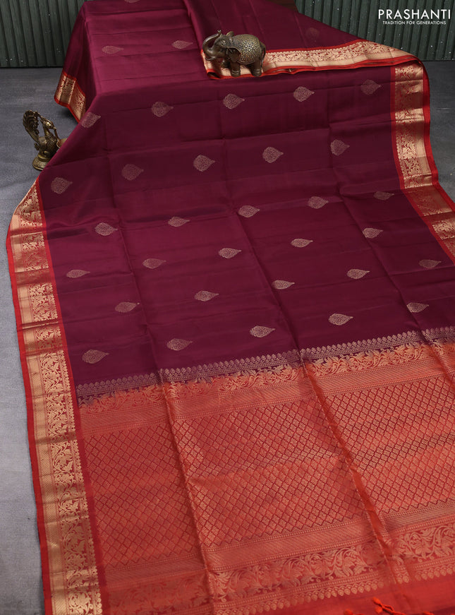 Pure soft silk saree maroon and rustic orange with zari woven buttas and rich zari woven border