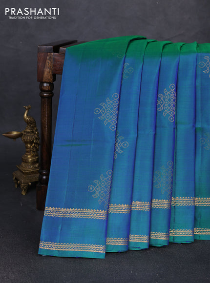 Pure soft silk saree dual shade of bluish green with zari woven rangoli buttas and rettapet zari woven border