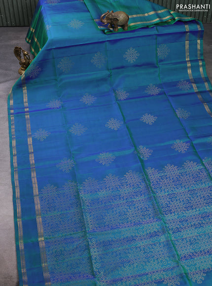 Pure soft silk saree dual shade of bluish green with zari woven rangoli buttas and rettapet zari woven border