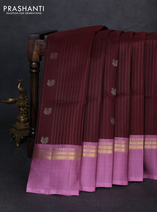 Pure soft silk saree deep maroon and mauve pink with allover zari weaves & buttas and zari woven simple border