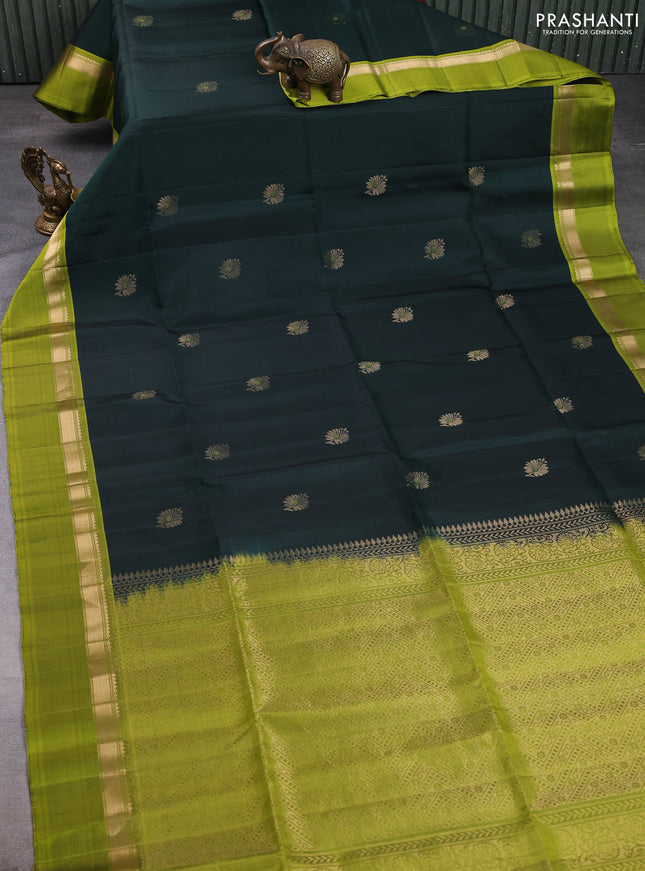 Pure soft silk saree bottle green and light green with zari woven floral buttas and zari woven simple border