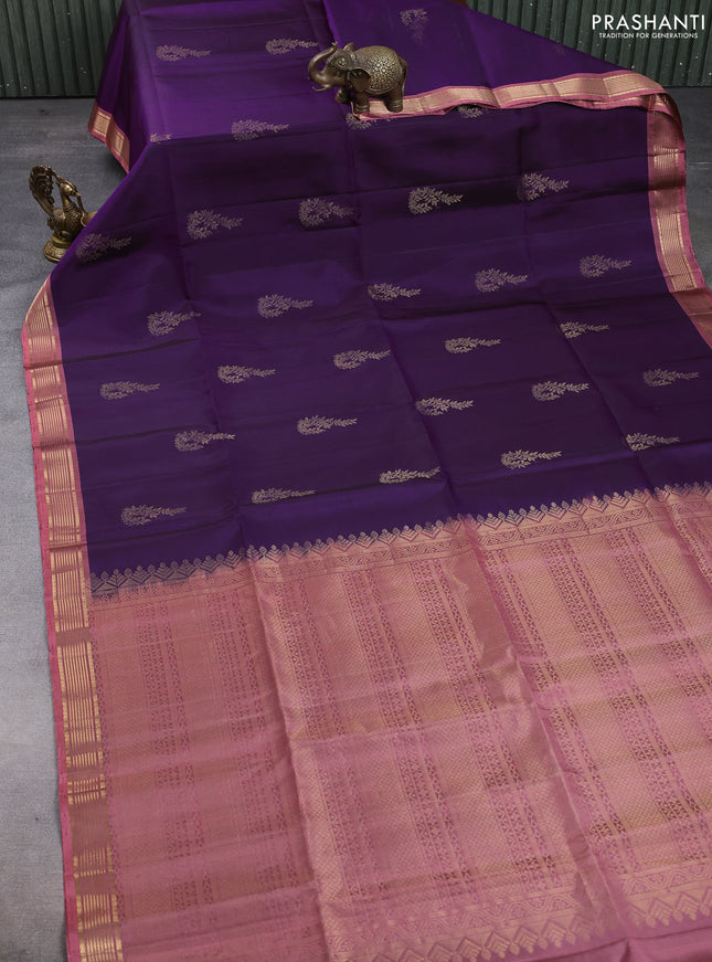 Pure soft silk saree purple and dark peach with zari woven buttas and zari woven border