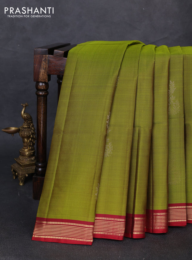 Pure soft silk saree mehendi green and maroon with zari woven buttas and zari woven border