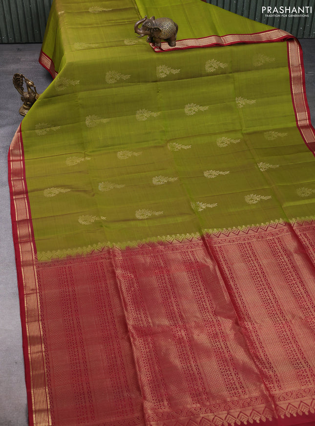 Pure soft silk saree mehendi green and maroon with zari woven buttas and zari woven border
