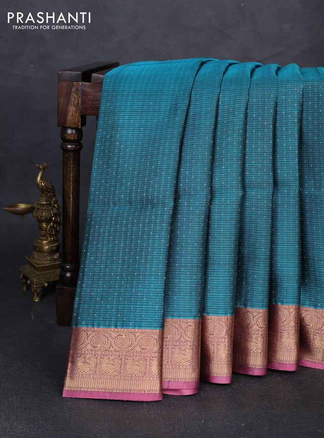 Pure soft silk saree peacock blue and mauve pink with allover zari woven buttas and zari woven border
