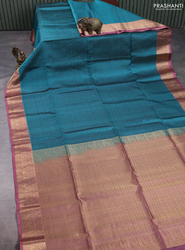 Pure soft silk saree peacock blue and mauve pink with allover zari woven buttas and zari woven border