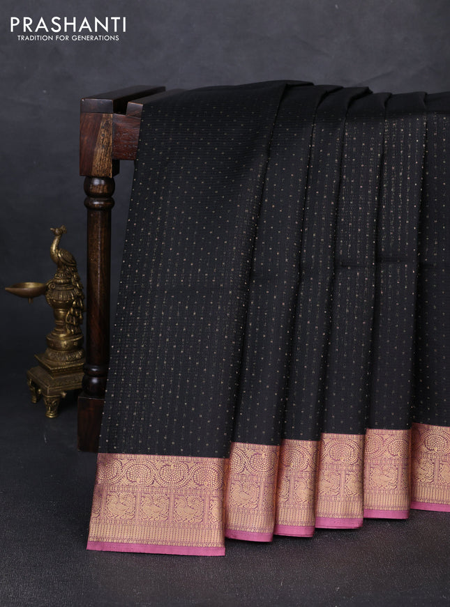 Pure soft silk saree black and mauve pink with allover zari woven buttas and zari woven border