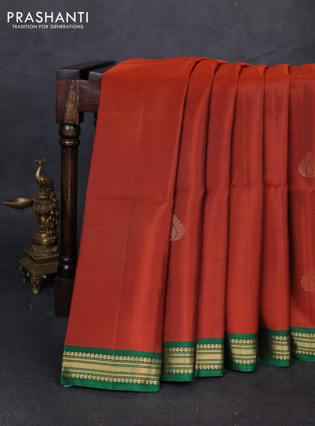 Pure soft silk saree rustic orange and green with zari woven buttas and zari woven border