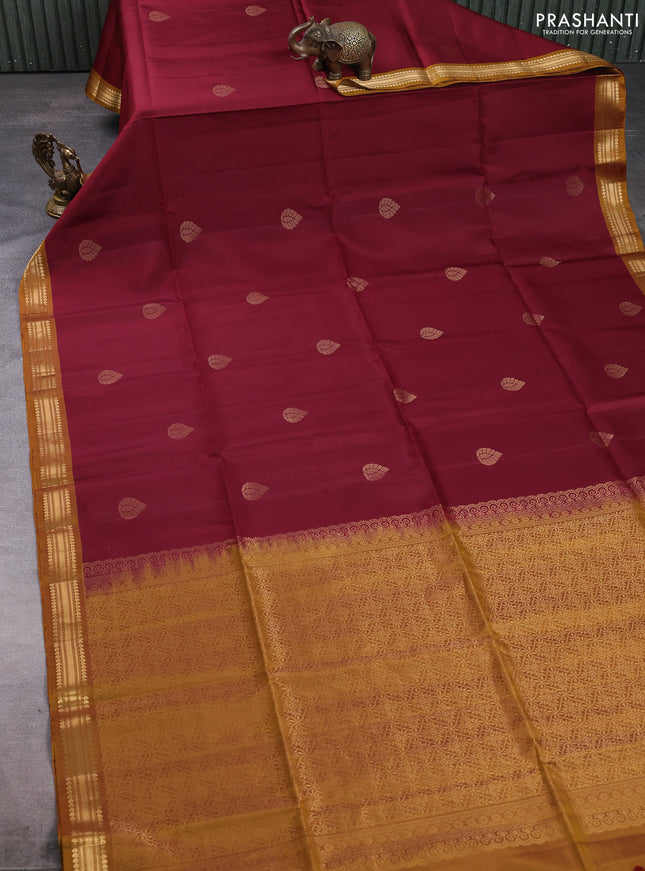 Pure soft silk saree maroon and dark mustard with zari woven buttas and zari woven border