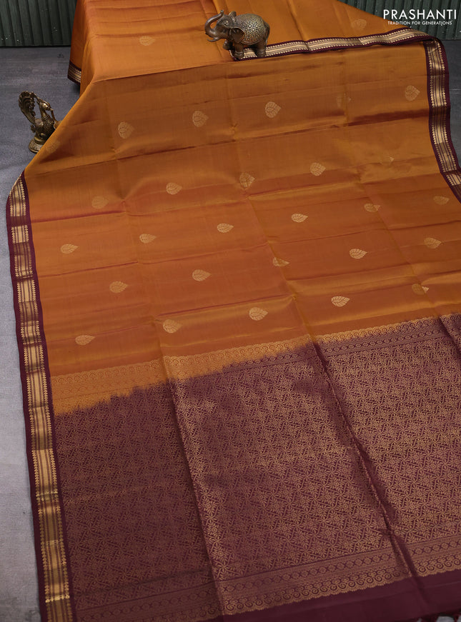 Pure soft silk saree honey shade and deep maroon with zari woven buttas and zari woven border