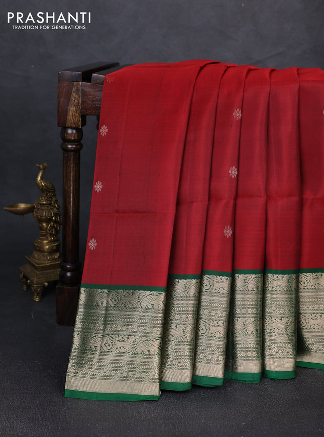 Pure soft silk saree maroon and green with zari woven buttas and zari woven border