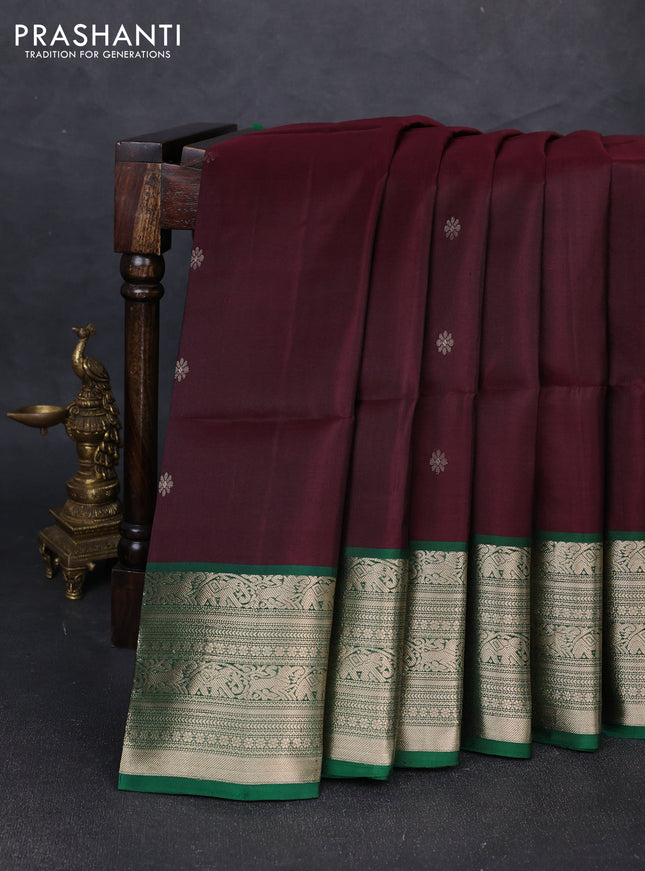 Pure soft silk saree wine shade and green with zari woven buttas and zari woven border
