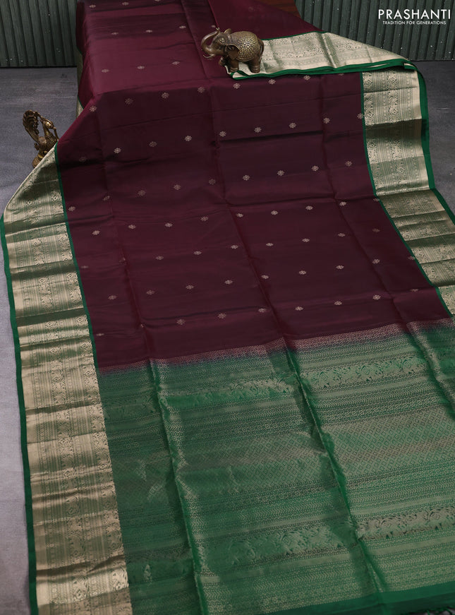 Pure soft silk saree wine shade and green with zari woven buttas and zari woven border