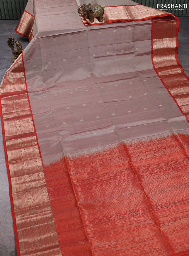 Pure soft silk saree beige and orange with zari woven buttas and zari woven border