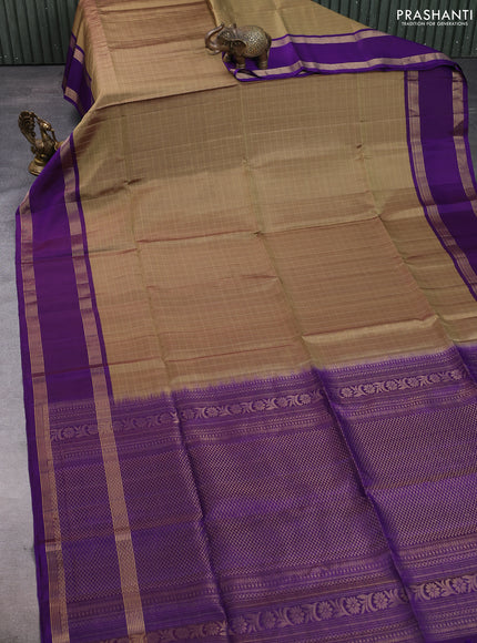 Pure soft silk saree elaichi green and violet with allover zari checked pattern and rettapet zari woven border