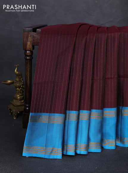 Pure soft silk saree deep wine and cs blue with allover zari stripe pattern and rettapet zari woven border