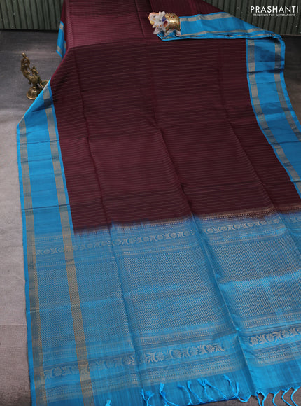 Pure soft silk saree deep wine and cs blue with allover zari stripe pattern and rettapet zari woven border