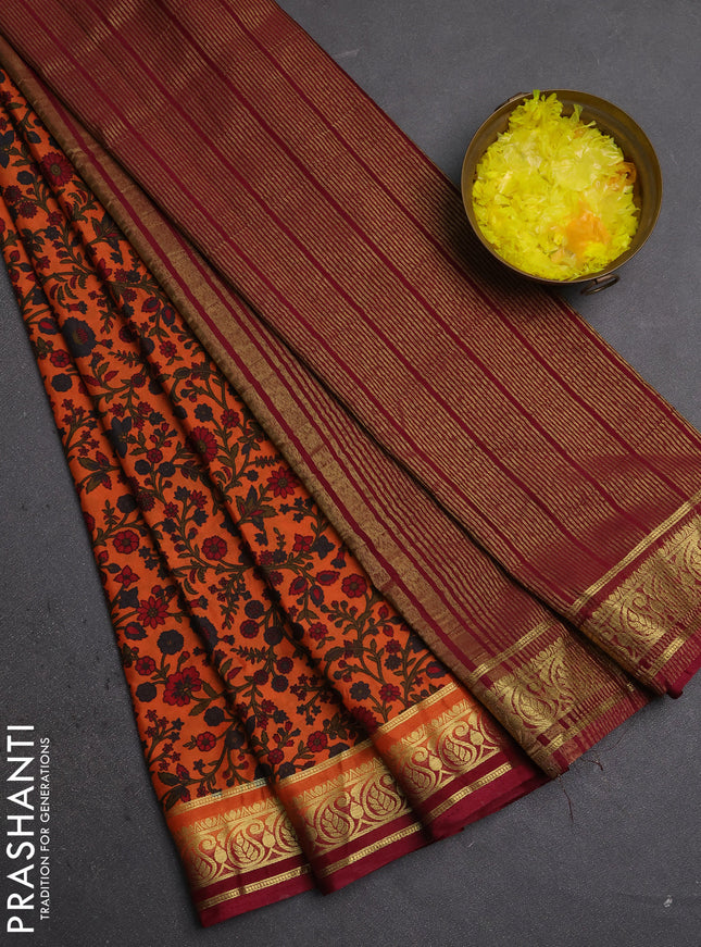 Semi mysore silk saree rust shade and wine shade with allover prints and zari woven border