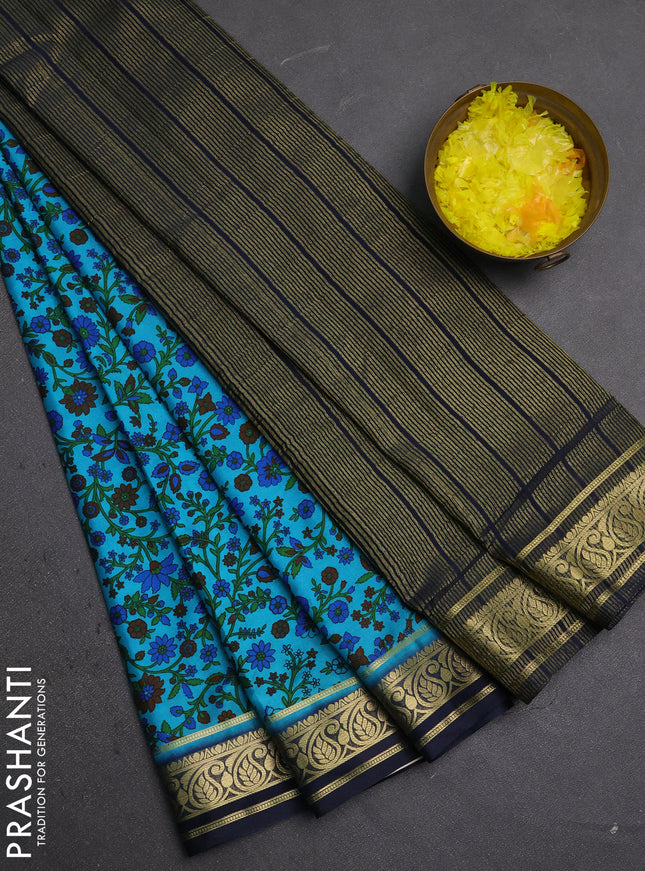 Semi mysore silk saree teal blue and navy blue with allover prints and zari woven border