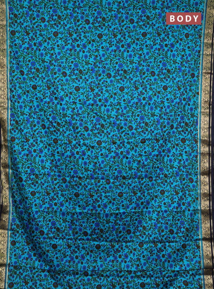 Semi mysore silk saree teal blue and navy blue with allover prints and zari woven border
