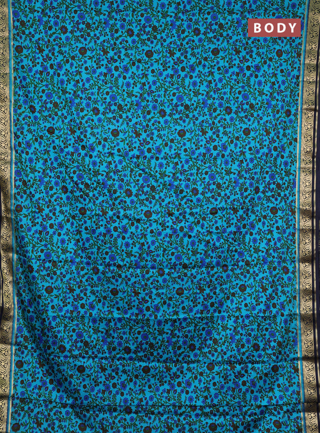 Semi mysore silk saree teal blue and navy blue with allover prints and zari woven border