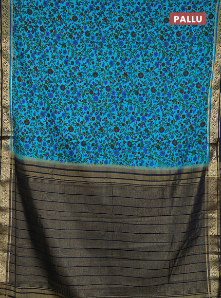 Semi mysore silk saree teal blue and navy blue with allover prints and zari woven border