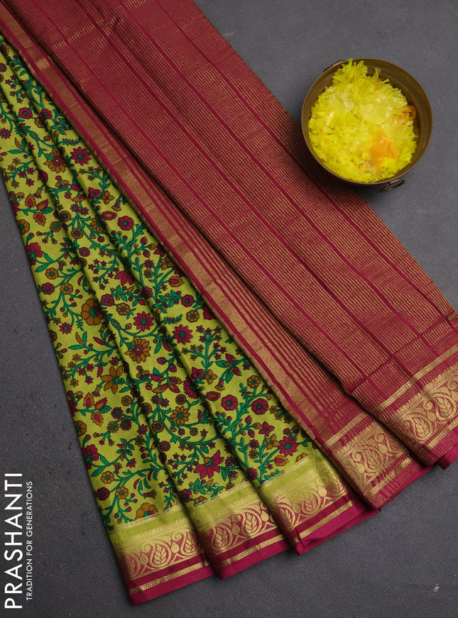 Semi mysore silk saree lime green and wine shade with allover prints and zari woven border