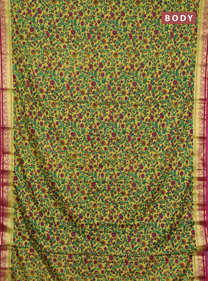Semi mysore silk saree lime green and wine shade with allover prints and zari woven border