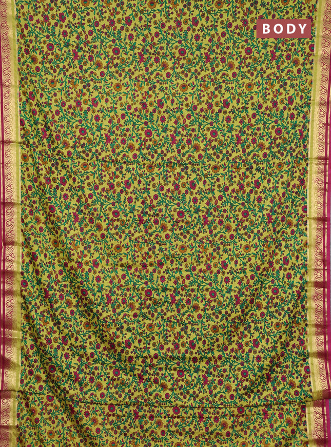 Semi mysore silk saree lime green and wine shade with allover prints and zari woven border
