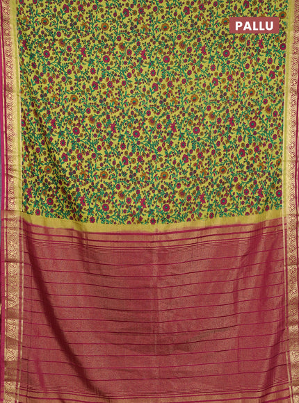 Semi mysore silk saree lime green and wine shade with allover prints and zari woven border