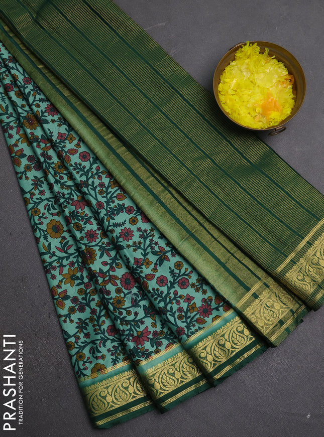 Semi mysore silk saree pastel green and green with allover prints and zari woven border