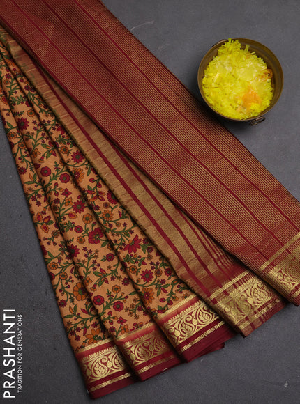 Semi mysore silk saree sandal and deep maroon with allover prints and zari woven border