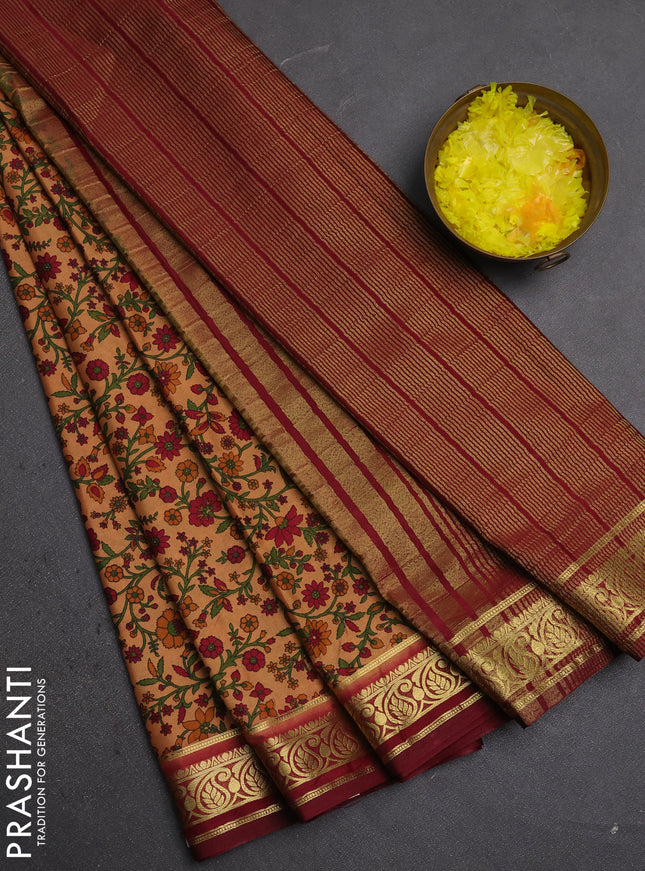 Semi mysore silk saree sandal and deep maroon with allover prints and zari woven border