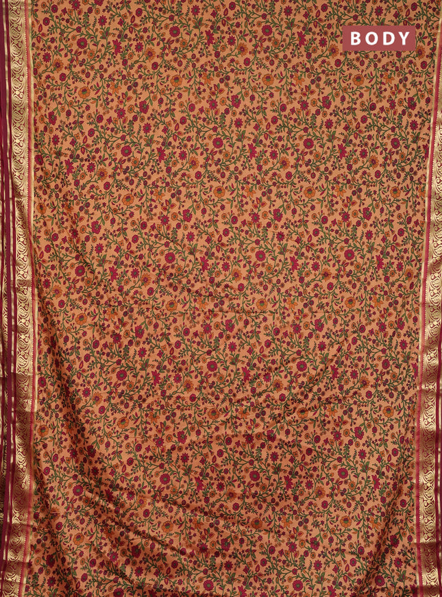 Semi mysore silk saree sandal and deep maroon with allover prints and zari woven border