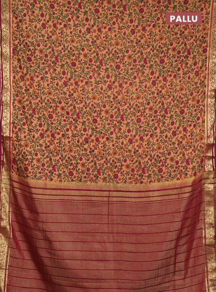 Semi mysore silk saree sandal and deep maroon with allover prints and zari woven border