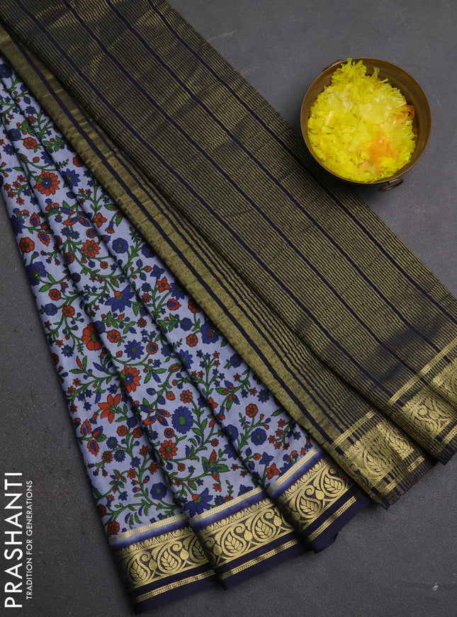 Semi mysore silk saree grey and navy blue with allover prints and zari woven border