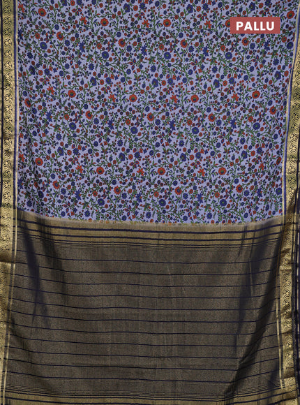Semi mysore silk saree grey and navy blue with allover prints and zari woven border