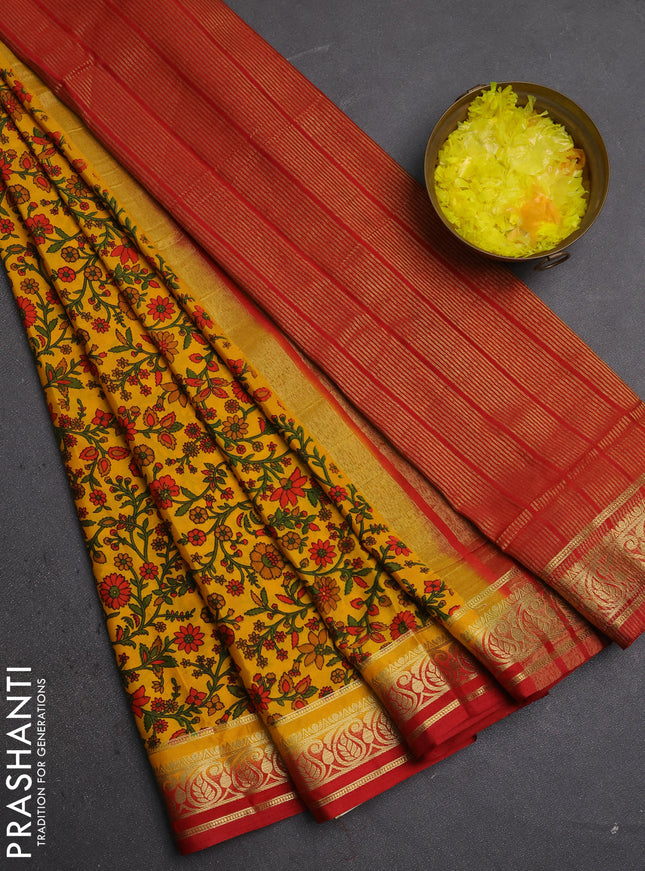Semi mysore silk saree mango yellow and red with allover prints and zari woven border