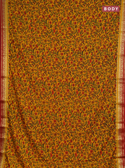 Semi mysore silk saree mango yellow and red with allover prints and zari woven border